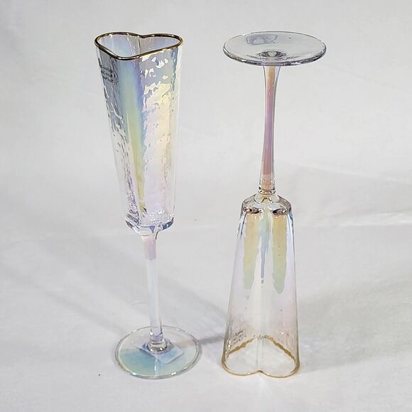 Heart Shape Gold Rimmed Iridescent Champagne Flute‎ Glass Drinkware 5oz Set Of 2 - Picture 11 of 16